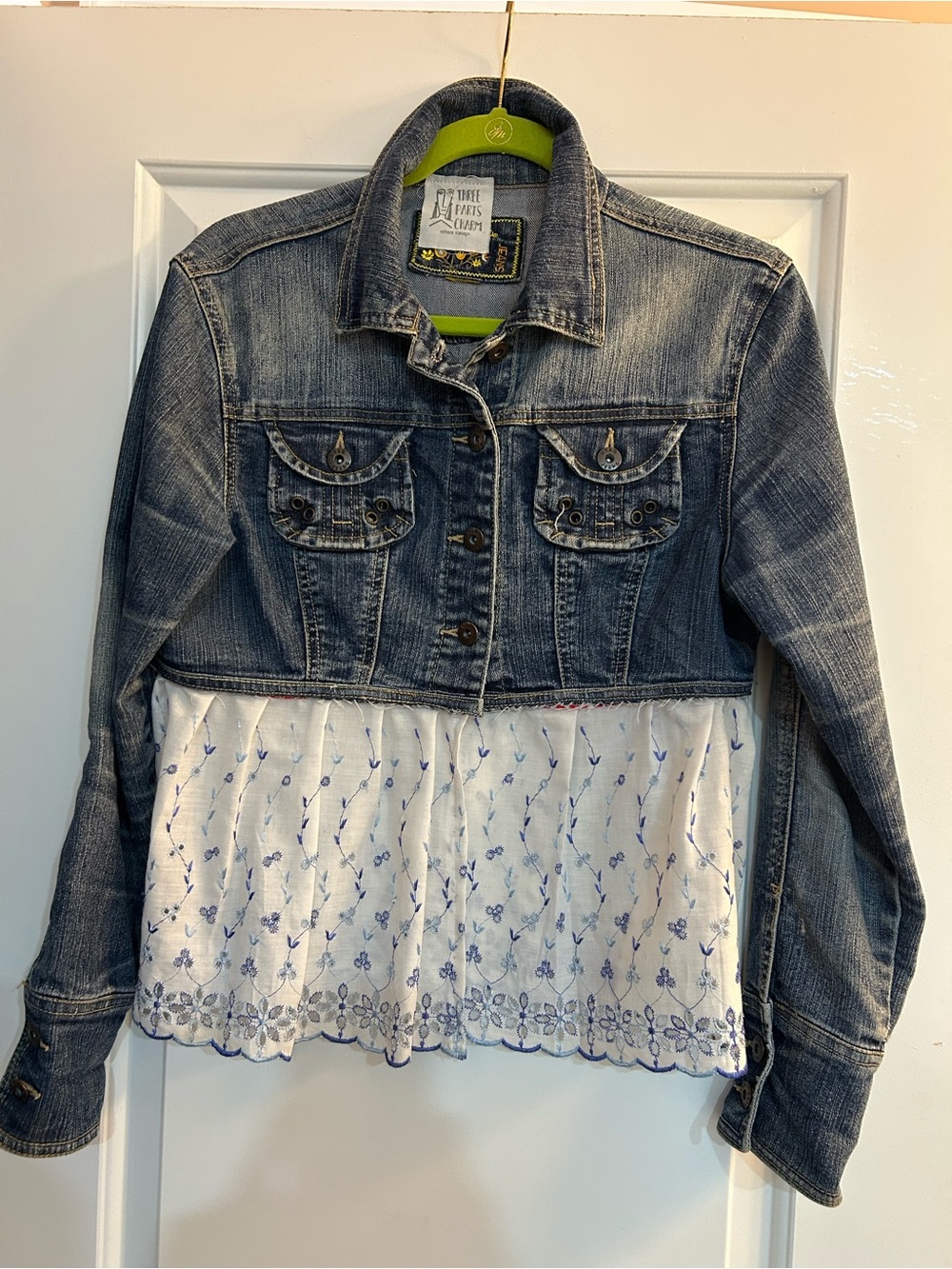 Blue Denim Jacket with White Embroidered Peplum